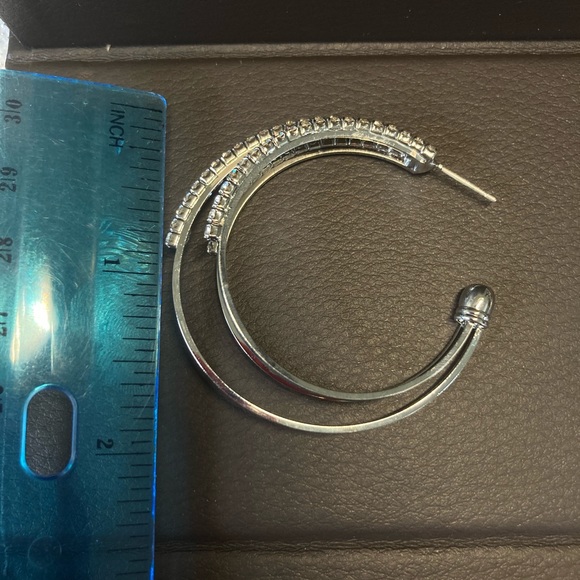 Rhinestone Silver Hoop Earrings - Picture 4 of 7